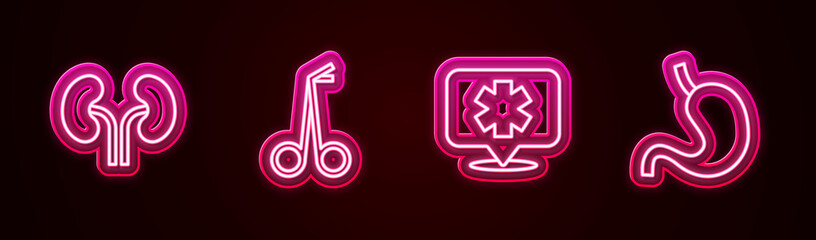 Set line Human kidneys, Medical scissors, symbol of the Emergency and stomach. Glowing neon icon. Vector