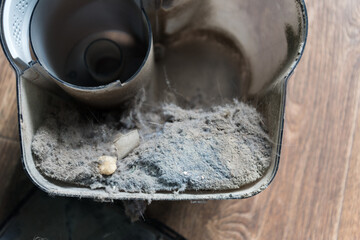 Dust container in a vacuum cleaner with a lot of dust. Dust is the cause of allergies and feeling unwell