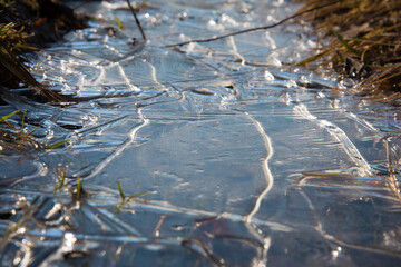 View from above. Frozen puddle. The ice formed a natural pattern. Abstraction