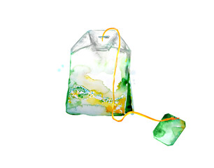 Tea bag watercolor plant relaxing herbal tea natural benefit watercolor illustration white background. Moment of relaxation hot drink infusion