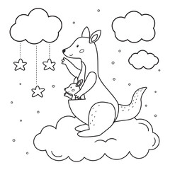 Coloring page for preschool children. Cute cartoon mother kangaroo with her baby. Animals on cloud with stars. Mothers day. Black and white outline vector illustration.