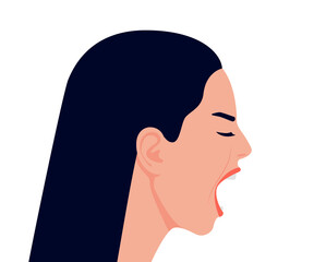 Scream and rage angry woman with open mouth in stress, head profile. Girl in stress, aggression and irritation, rude and mad. Angry woman in conflict. Vector flat illustration