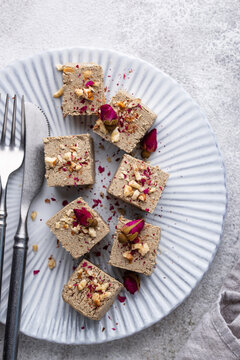 Halva with rose petal and nuts.