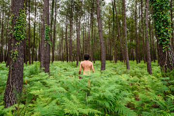 Young naked man gets into the green wild nature