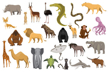 Collection of cute vector animals. Hand drawn animals which are common in Africa. Icon set isolated on a white background