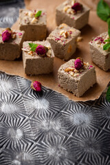 Halva with rose petal and nuts.
