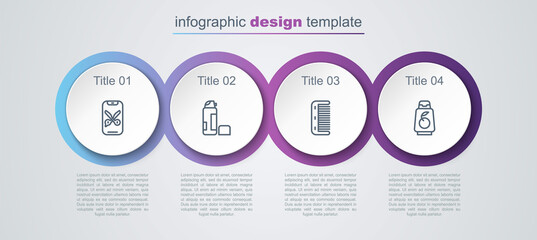 Set line Barber online service or platform, Shaving gel foam, Hairbrush and Bottle of shampoo. Business infographic template. Vector