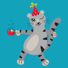 Funny kitten in a red cap on the holiday. He drinks a cool drink, lemonade, or tea. Cute character winks, celebrates the day of the cat. Bright vector for calendar, postcard, poster, baby fabric.