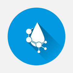 Vector icon water molecule, drops of acid icon on blue background. Flat image with long shadow.