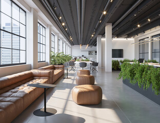3d render of concrete contemporary office space with grey chairs, desks and many plants