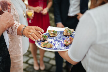 Delicious appetizers at a wedding close up