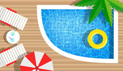 Swimming pool with swimming rings, umbrella and deck chair. Top view. Summer vacation hotel club resort concept, pool party. Vector illustration.