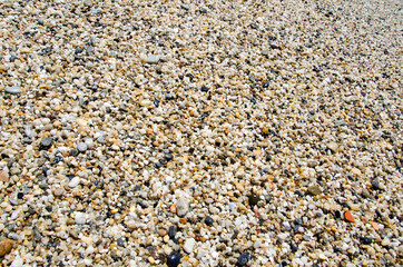 Pebble texture. Natural background concept. Surface of the rocky beach. Sea stones of various sizes cover the seaside. Selective focus multi-colored pebbles on the seashore.