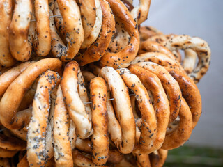 Fresh baked pretzels or bagels with salt on display