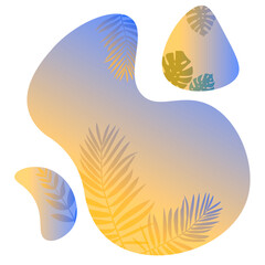 Set of gradient backgrounds. Tropical plants grow inside the neon forms. Monstera and palm leaves in drops of liquid. New direction for your design.White background.Vector 3D fantastic layout.