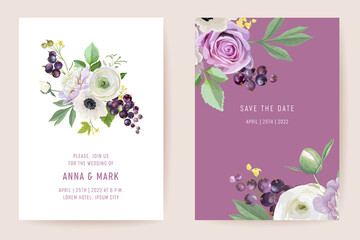 Watercolor wedding black currant berries floral invitation. Berry, anemone, peony, rose flowers, leaves card
