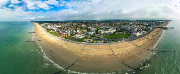 Panoramic aerial done view of Bognor Regis beach, West Sussex, England