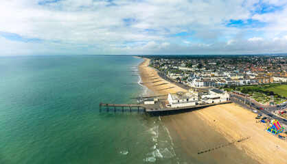 Panoramic aerial done view of Bognor Regis beach, West Sussex, England