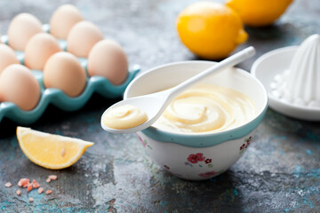 Homemade lemon and white chocolate custard cream pudding or curd in a bowl, selective focus