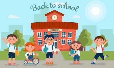 Obraz na płótnie Canvas Children walking to school, cute colorful characters. Back to school concept. Vector illustration in cartoon style.