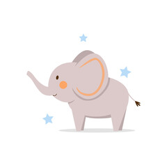 Cute baby elephant stands on an isolated white background with stars