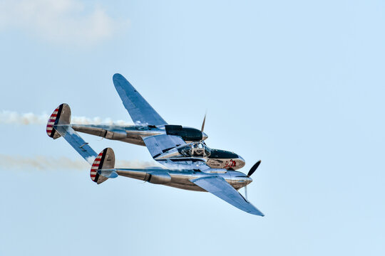 Leszno, Poland - June, 19, 2021: The P-38 Lightning performed at the Antidotum Airshow Leszno. The P-38 Lightning is a  World War II fighter.