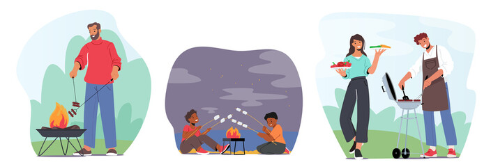 Characters Summertime Fun. Man in Chief Apron Frying Meat on Barbecue, Kids Roast Marshmallow Outdoor in Summer Camp