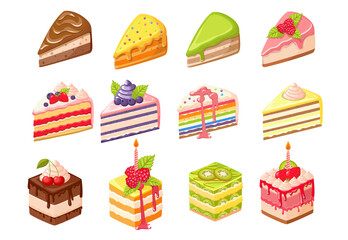 Set Cake, Birthday Dessert Pieces with Candles, Fruits or Berries. Confectionery Sweet Production Pies, Pastry, Bakery