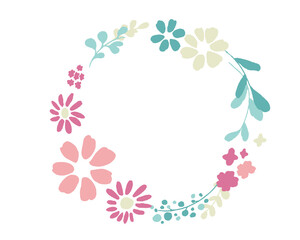 Fototapeta premium 手書きの花と草木イラストリースフレーム Handwritten flower and vegetation illustration heart-shaped wreath frame