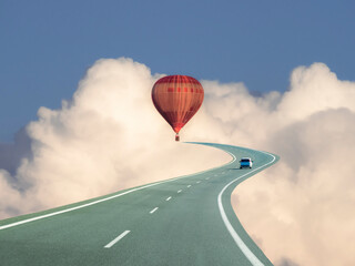 Concept of a cloudy sky road towards a ballon terminal to take of to the paradise - Powered by Adobe