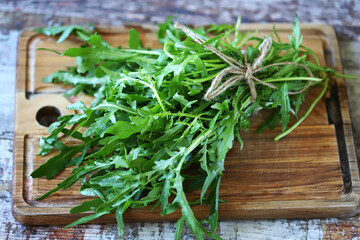 Selective focus. Fresh juicy arugula bunch on a wooden board.