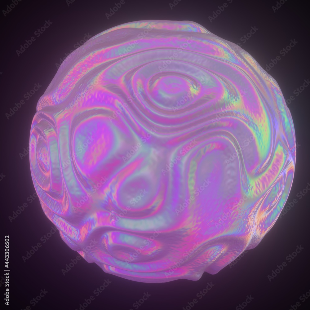 Poster Abstract holographic sphere with rippled and glitched surface. 3D illustration in retrofuturistic synthwave style.