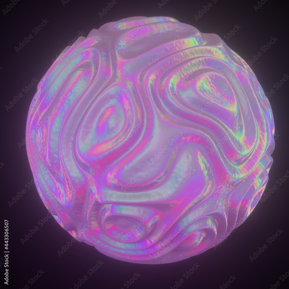 Poster abstract holographic sphere with rippled and glitched surface. 3d illustration in retrofuturistic sy