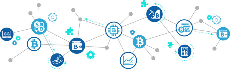 Bitcoin cryptocurrency vector illustration. Blue concept with icons related to bit coin mining, trading and bit-coin wallet, digital or virtual currency, investment, crypto exchange.