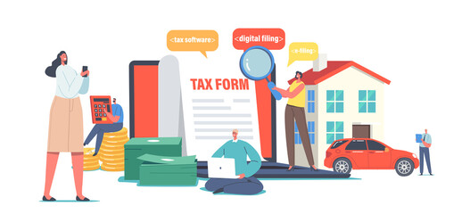 Characters Calculate Online Tax Payment. Tiny People Filling Huge Application for Tax Form. Online Taxation Software