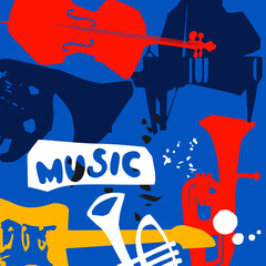 Music promotional poster with musical instruments colorful vector illustration. Violoncello, piano, euphonium, trumpet, guitar for live concert events, jazz music festivals and shows, party flyer