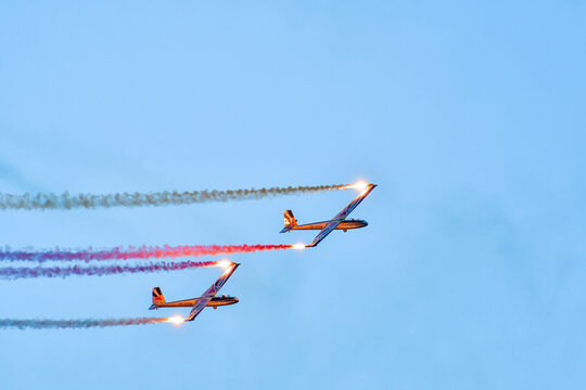 Leszno, Poland - June, 19, 2021: Red Bull The Blanix Team, Glider Night Show at the Antidotum Airshow Leszno.