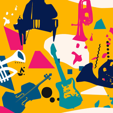 Music promotional poster with musical instruments colorful vector illustration. Piano, cello, trumpet, guitar, French horn, euphonium for live concert events, music festivals and shows, party flyer