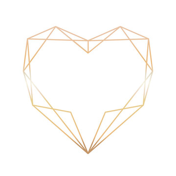gold geometric heart shape frame isolated on white background. Elegant border for wedding invitations