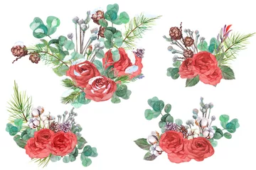 Gardinen watercolor collection of Christmas winter bouquets with red roses and snow for winter card designs and prints isolated on white background © Марина Воюш