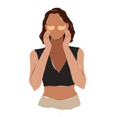 Young woman applying eye patches against dark circles and puffiness under eyes, golden gel eye patch mask, anti aging collagen pads, morning skincare ritual, flat vector illustration isolated on white
