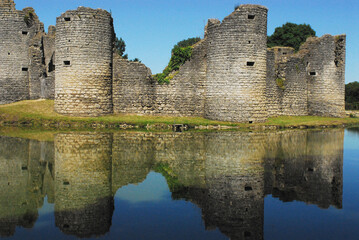 France- Beautiful Water Reflections of Ancient Ruined Castle Walls of Le Chateau de Commequiers