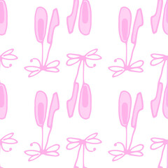 a pattern of a pair of ballet flats tied on a ribbon with a pink bow on a white background. Seamless pattern of children's pointe shoes, tied with a bow, hand-drawn in the style of doodles in pink col