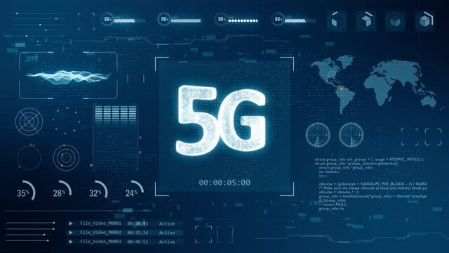 Motion graphic of Blue digital 3D 5G logo with head up display ( HUD ) background and futuristic technology abstract background