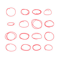 Set of red hand drawn elements for selecting text, Sketch oval. Vector illustration