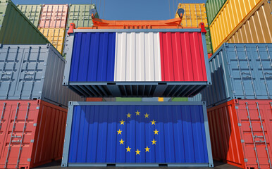 Container Terminal. Two cargo Container with France and European Union flags. 3D Rendering