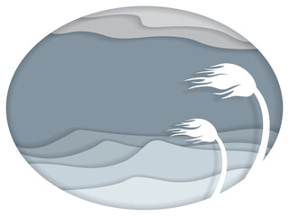 An ocean storm and palm trees blowing with copy space, in monochrome blues and grays. Paper layer art style

