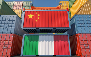 Container Terminal. Two cargo Container with Italy and China flags. 3D Rendering