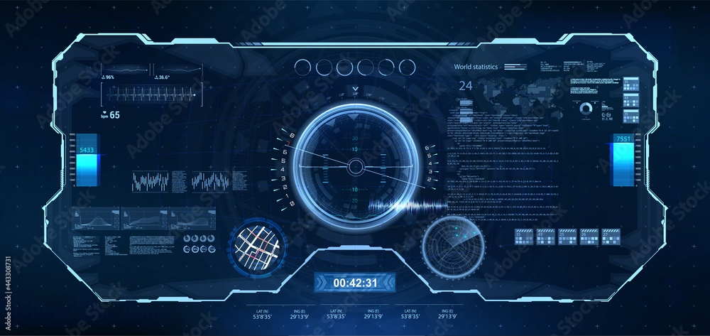 Leinwandbilder Cockpit helmet with Head-up display. Virtual graphic touch user interface HUD. Display design VR for dashboard Sci-fi helmet. VR HUD control center, military technology target capture system, radar.