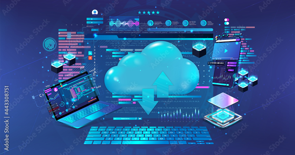 Aufkleber Cloud technologies, servers and service. Concept Cloud computing. Remote data center for the management of modern technologies and Internet resources via internet. Communication via gadgets. Vector